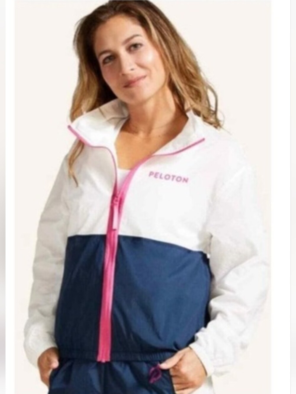 Peloton Women's Colorblock Windbreaker Jacket - White & Navy with Pink Trim_L